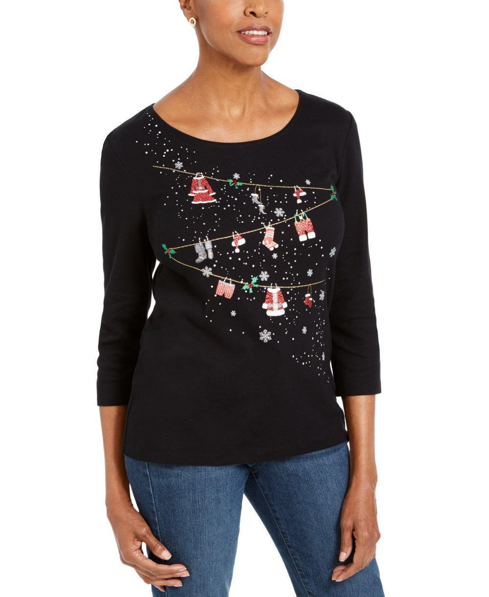 Karen Scott Women's Embellished Cotton Top Black Size Petite Small