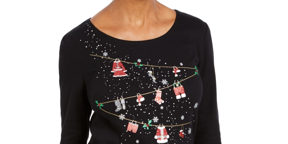 Karen Scott Women's Embellished Cotton Top Black Size Petite Small