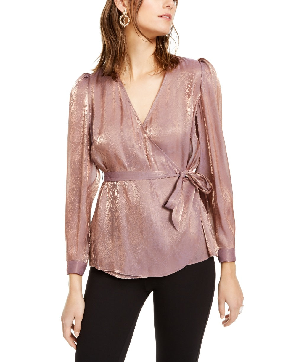 INC International Concepts Women's Metallic Snake Print Wrap Top Pink Size M