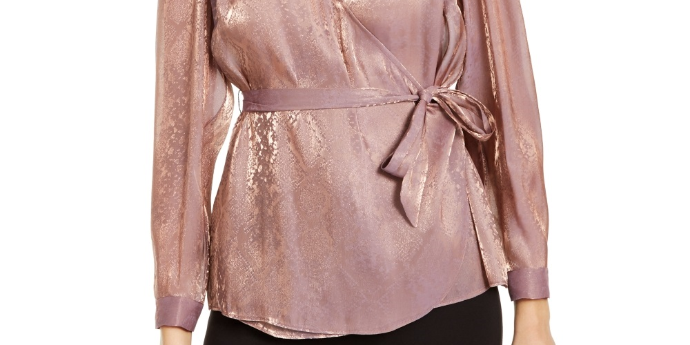 INC International Concepts Women's Metallic Snake Print Wrap Top Pink Size M