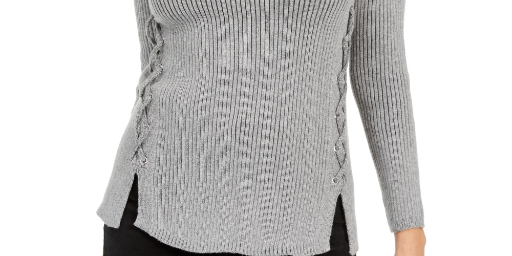 Style & Co Women's Mock Neck Lace Up Sweater Gray Size Petite X-Large