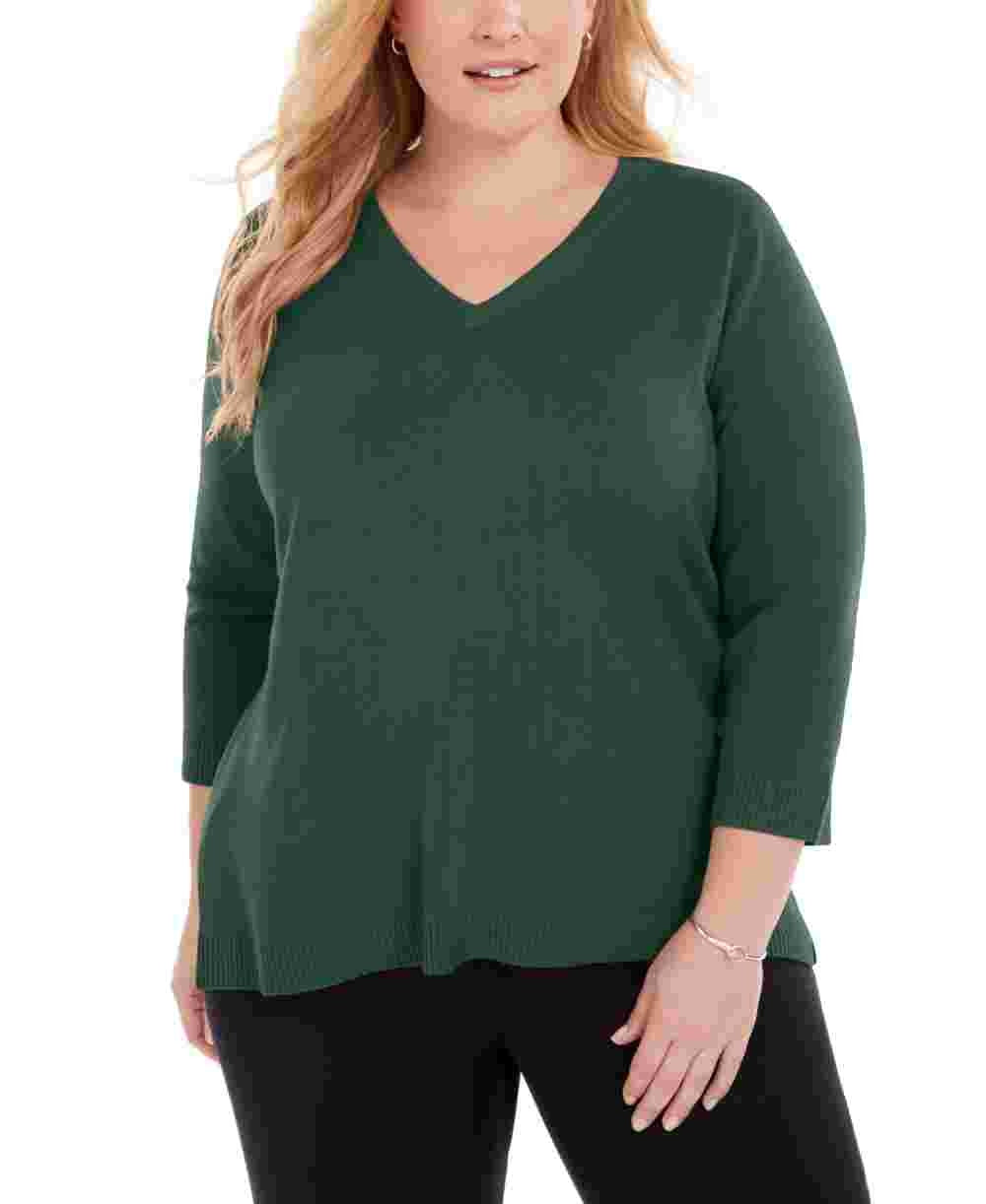 Karen Scott Women's Plus Size V-Neck Luxsoft Sweater Green Size 2X