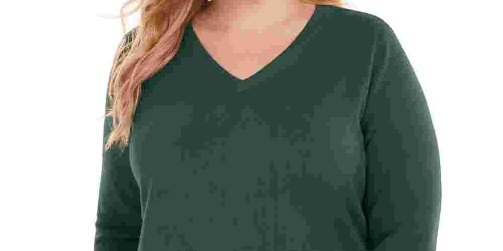 Karen Scott Women's Plus Size V-Neck Luxsoft Sweater Green Size 2X