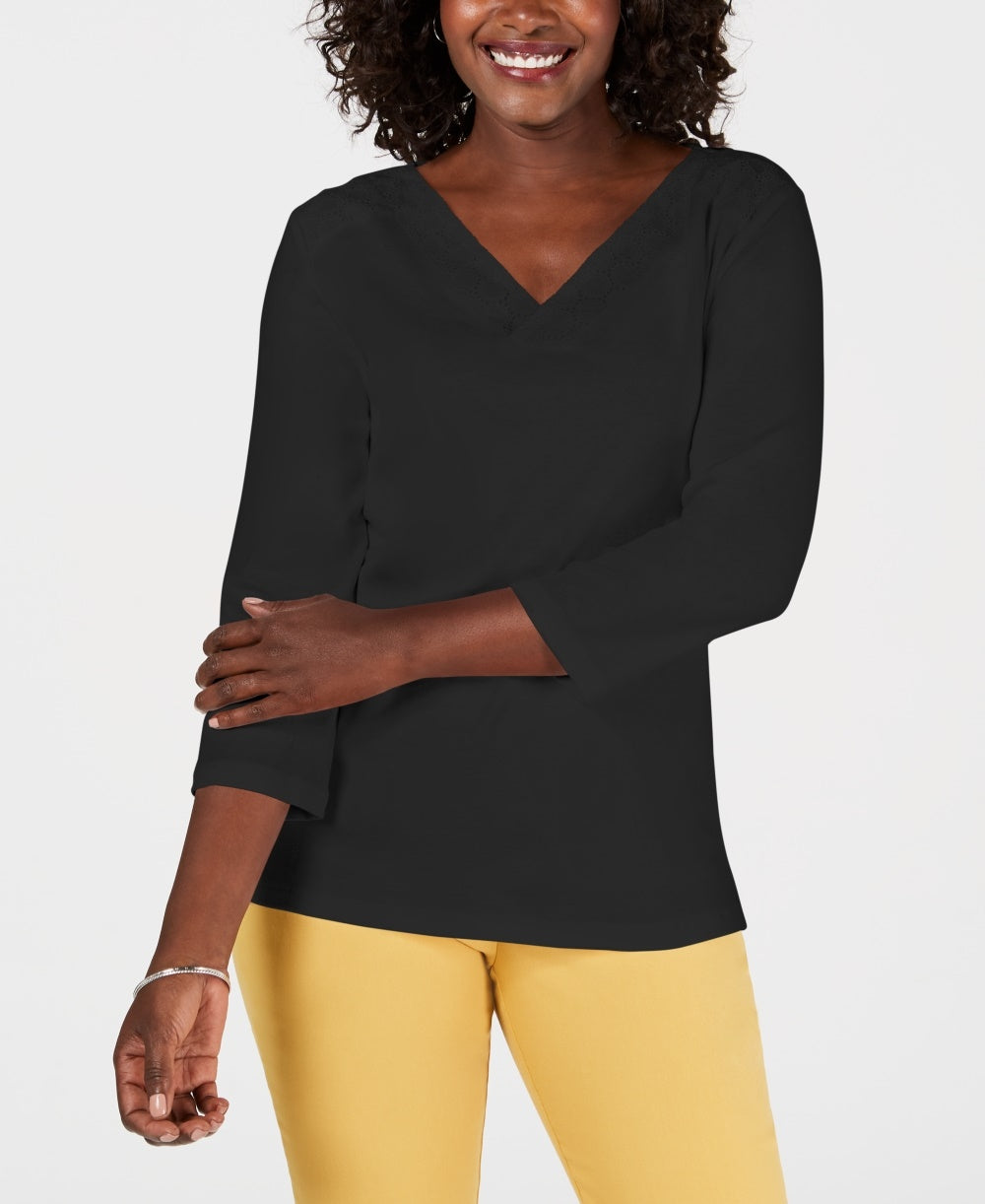Karen Scott Women's Petite Eyelet V-Neck Cotton Top Black PS