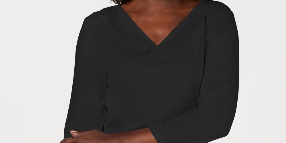 Karen Scott Women's Petite Eyelet V-Neck Cotton Top Black PS
