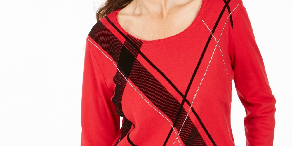 Karen Scott Women's Petite Graphic Scoop-Neck Top Bright Red Size Petite X-Large