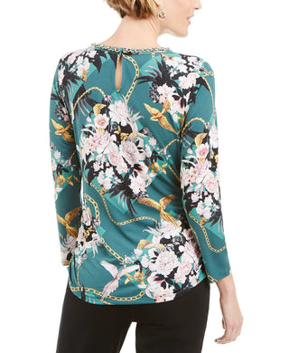 JM Collection Women's Petite Printed Chain-Neck Top Green Size Small