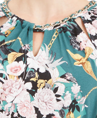 JM Collection Women's Petite Printed Chain-Neck Top Green Size Small