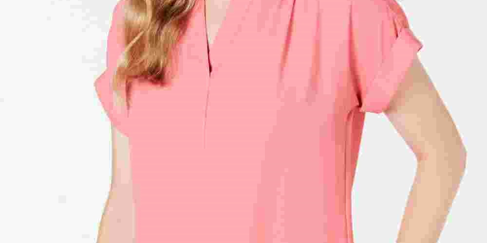 Charter Club Women's Split Neck Short Sleeve Top Pink Size PL
