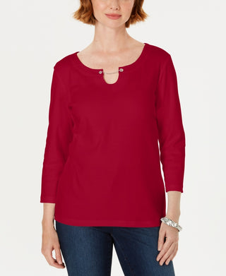 Karen Scott Women's Three Quarter Sleeve Top Red Size Medium