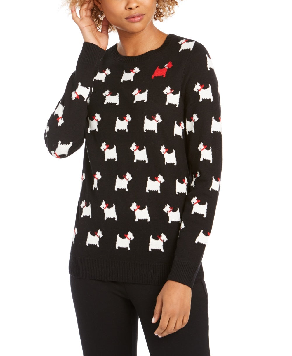Charter Club Women's Dog Print Crewneck Sweater Black Size X-Large