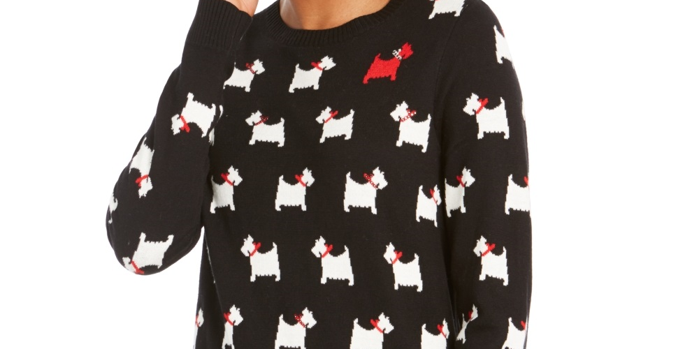 Charter Club Women's Dog Print Crewneck Sweater Black Size X-Large