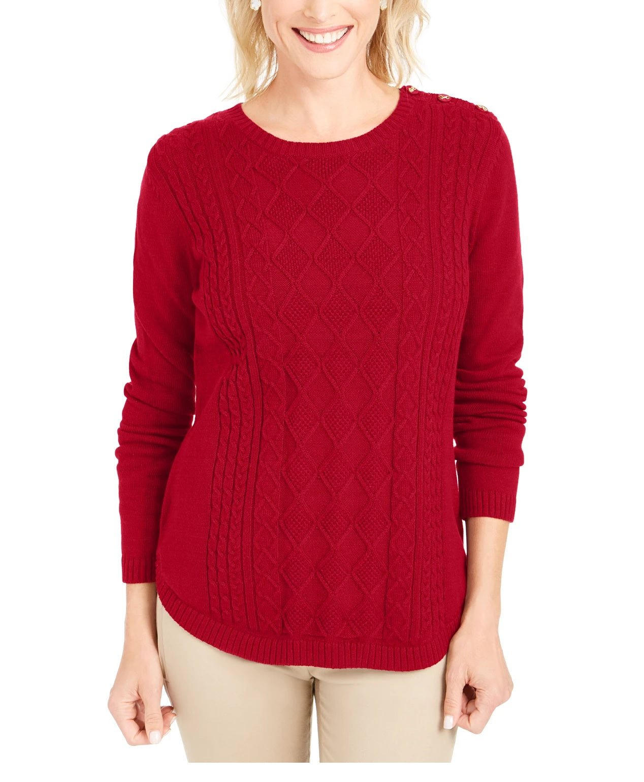 Charter Club Women's Textured Embellished Printed Long Sleeve Jewel Neck T-Shirt Sweater Red Size Small