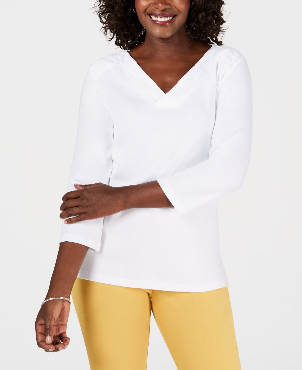 Karen Scott Women's Eyelet Trim Top White Size XX-Large