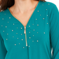 JM Collection Women's Embellished Zipper Trim Top Green Size Petite Small