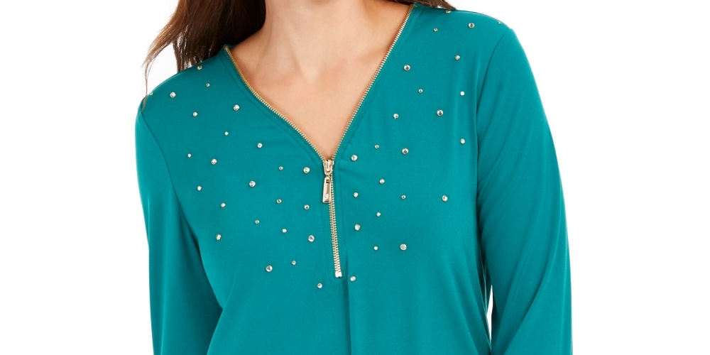 JM Collection Women's Embellished Zipper Trim Top Green Size Petite Small