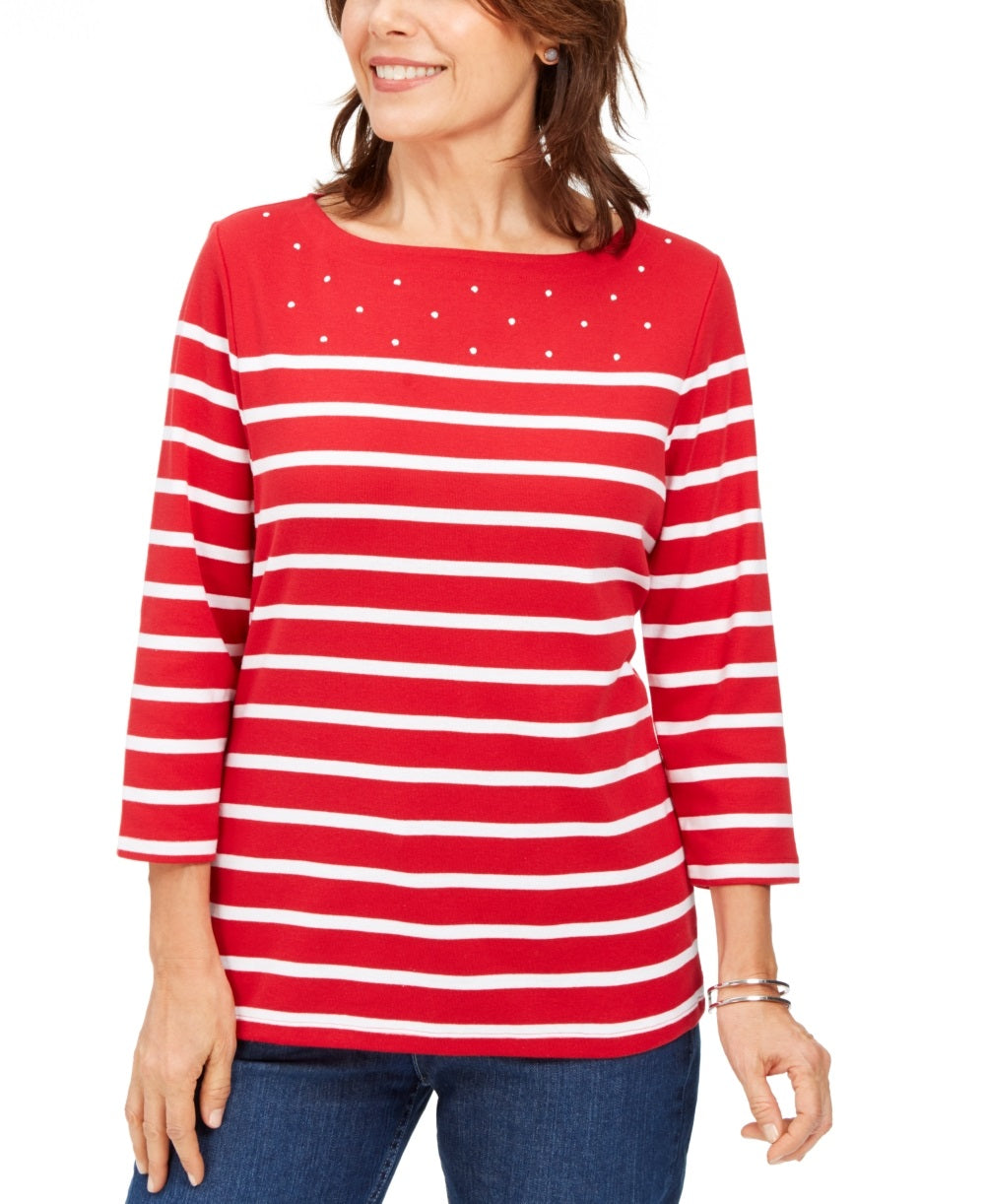 Karen Scott Women's Striped Boatneck T-Shirt Red Size Petite X-Large