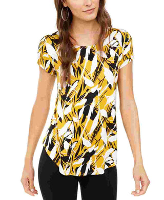 Alfani Women's Printed Round Hem T Shirt Yellow Size PL