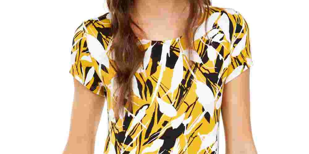 Alfani Women's Printed Round Hem T Shirt Yellow Size PL