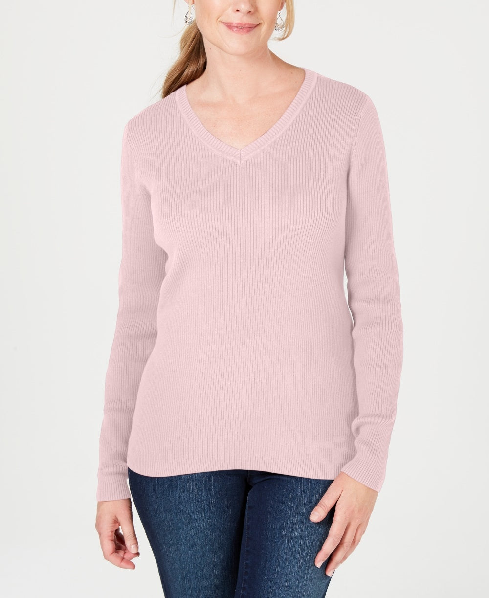 Karen Scott Women's Cotton V-Neck Sweater  Pink Size XX Large