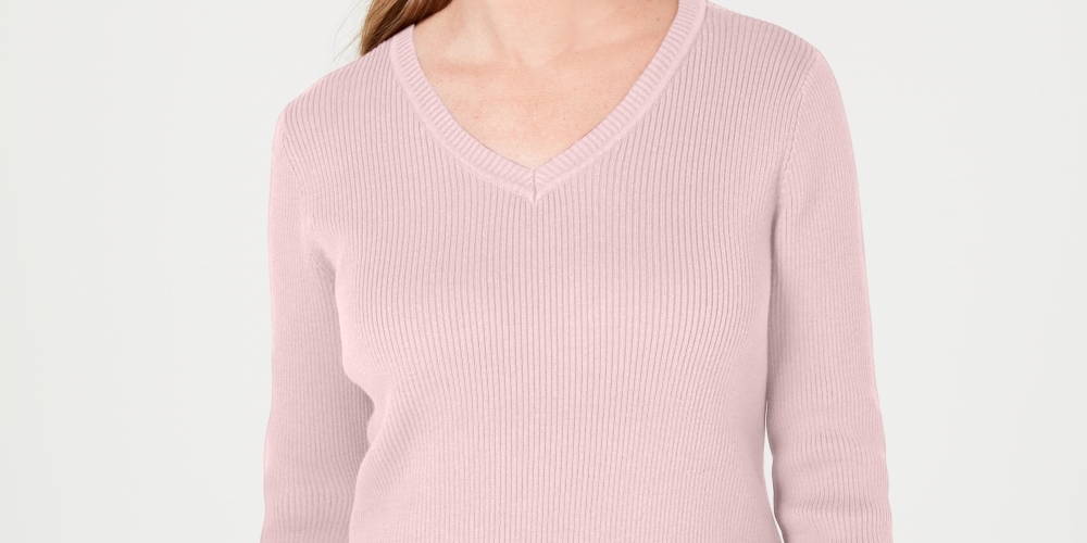 Karen Scott Women's Cotton V-Neck Sweater  Pink Size XX Large