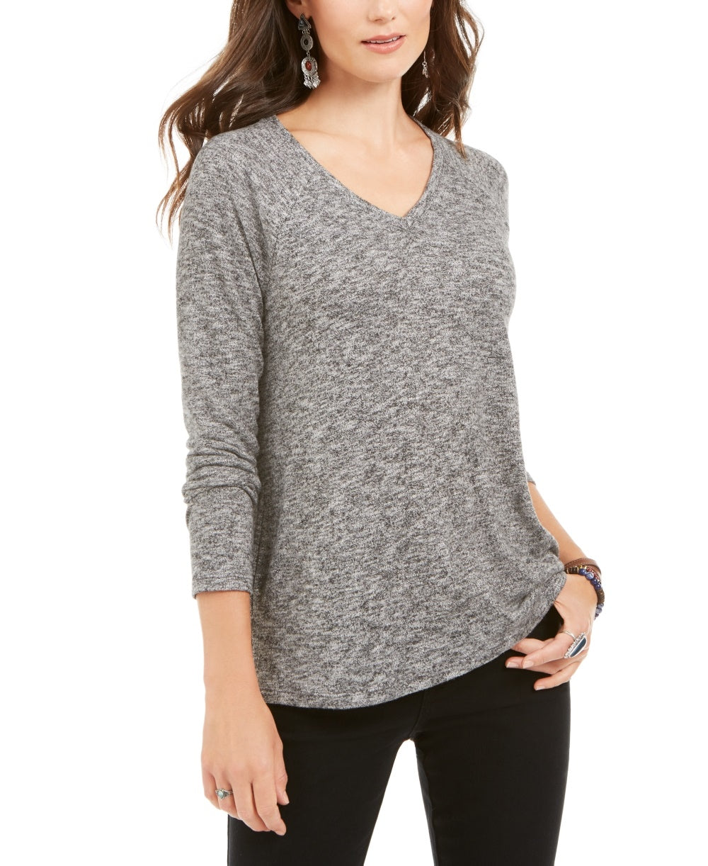 Style & Co Women's Marled Knit V Neck Top Black Size Small