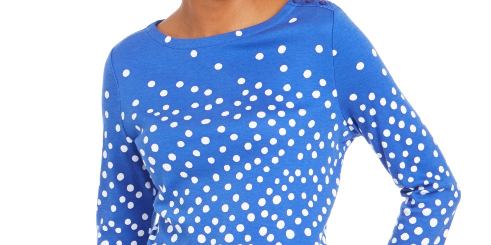 Charter Club Women's Pima Cotton Button Shoulder Print Top Blue Size Petite Medium