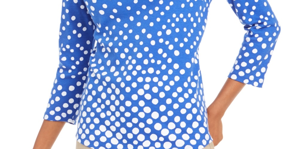 Charter Club Women's Pima Cotton Button Shoulder Print Top Blue Size Petite Medium