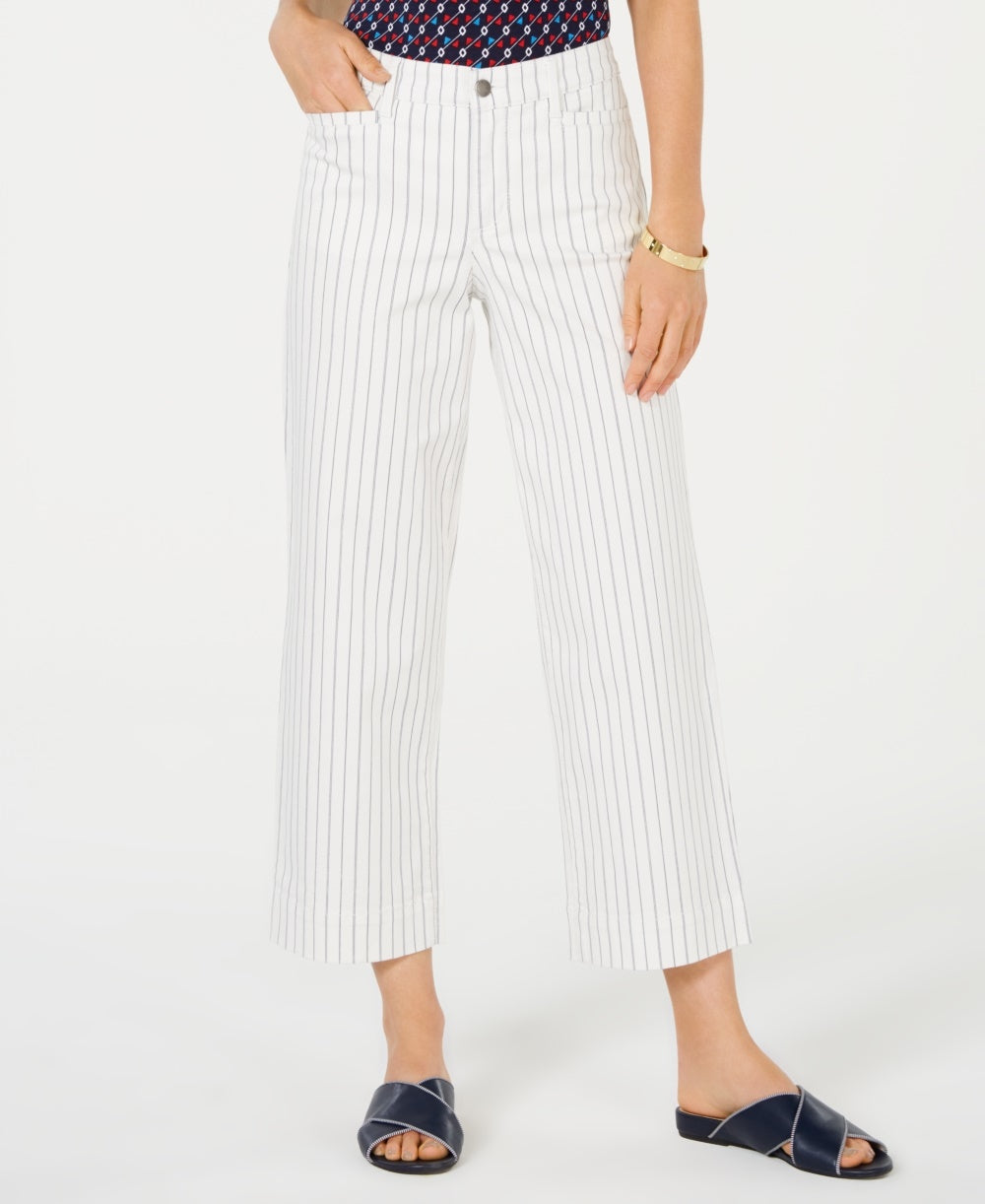 Charter Club Women's Striped Tummy Control Wide Leg Jeans White Size 10