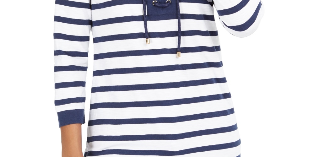 Charter Club Women's Cotton Lace Up Grommet Neck Tunic Blue Size Medium