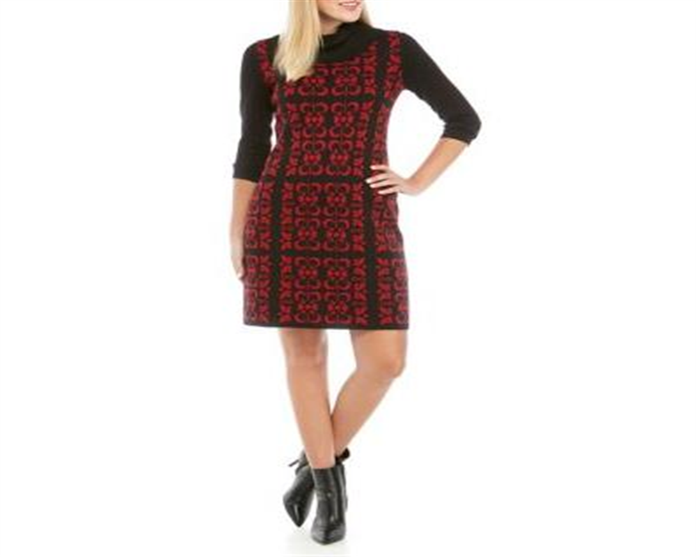 Nine West Women's Floral Tile Double Jacquard Sweater Dress Black Size Small