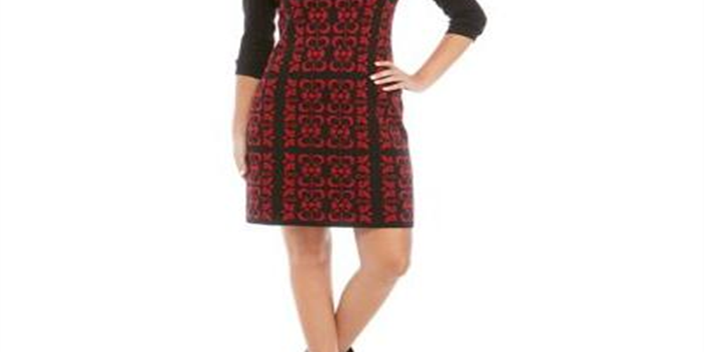 Nine West Women's Floral Tile Double Jacquard Sweater Dress Black Size Small