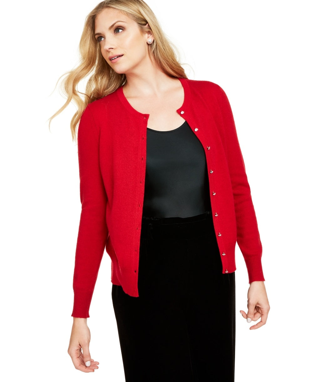 Charter Club Women's Cashmere Crystal Button Cardigan Red Size Petite Medium