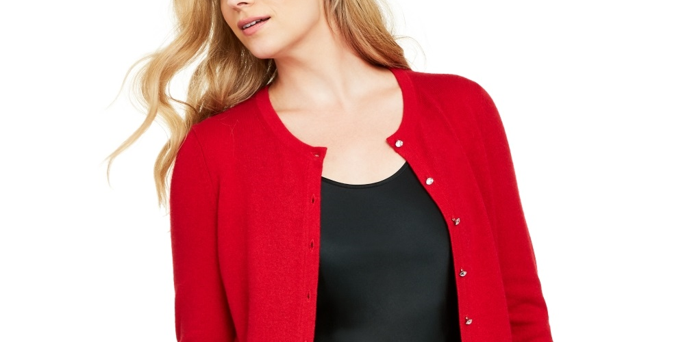 Charter Club Women's Cashmere Crystal Button Cardigan Red Size Petite Medium