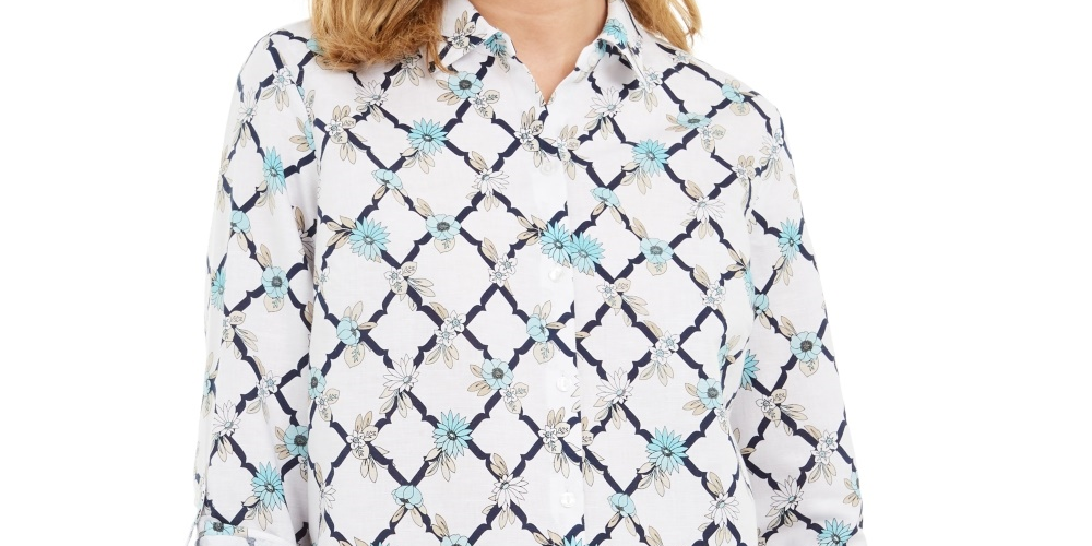 Charter Club Women's Printed Linen Blend Button Front Shirt White Size X-Small