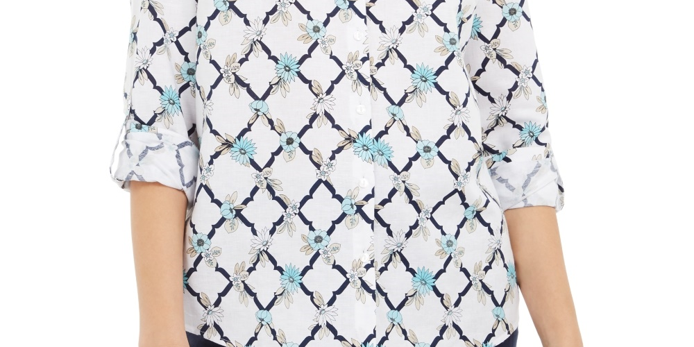 Charter Club Women's Printed Linen Blend Button Front Shirt White Size X-Small