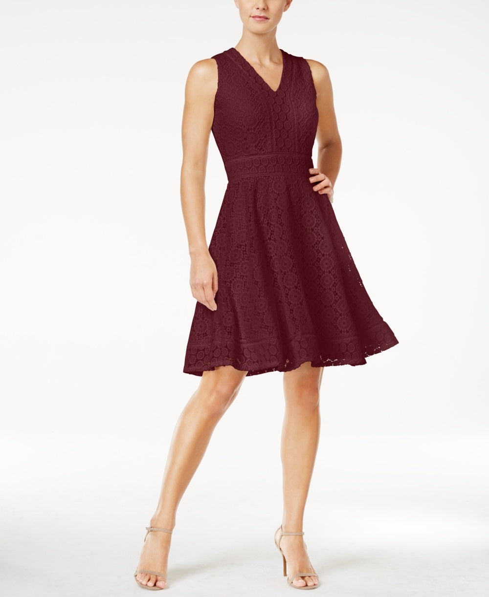 Charter Club Women's Petite Lace Fit & Flare Dress Wine Size Petite X-Large