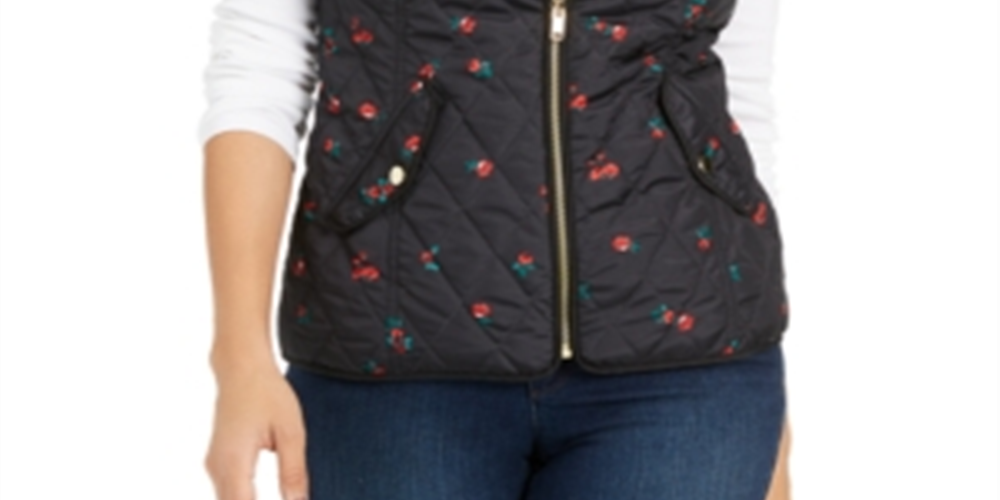 Charter Club Women's Quilted Floral Print Zipper Vest Black Floral  Size Petite L