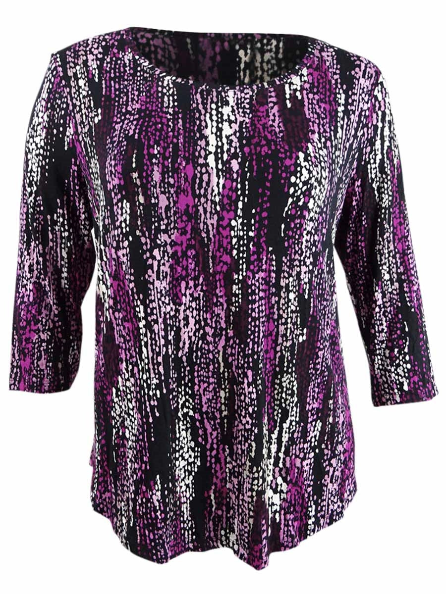 JM Collection Women's Plus Printed Scoop Neck Top Black/Pink  Size 0X