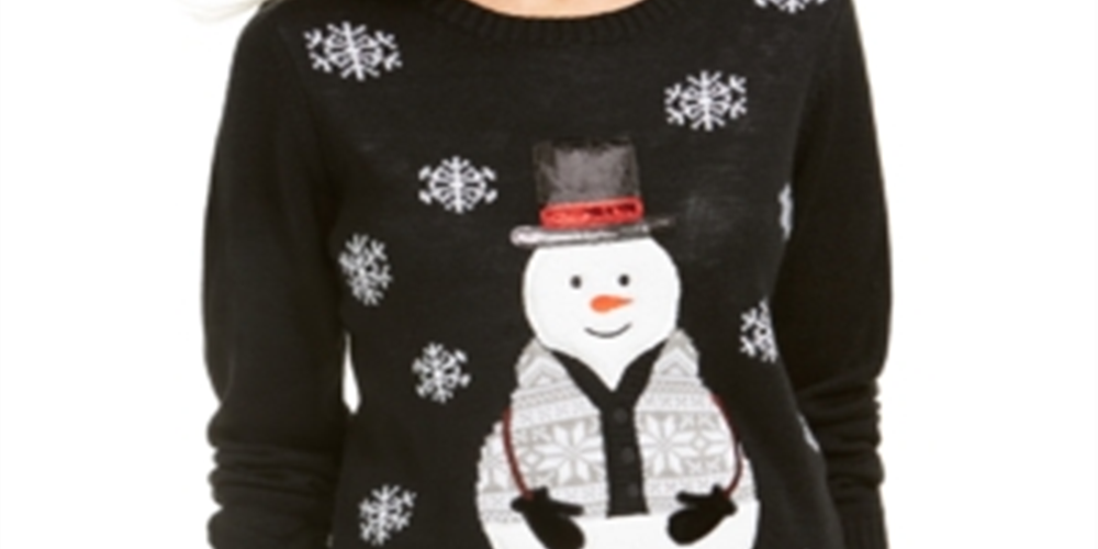 Karen Scott Women's Sequined Snowman Holiday Sweater Black Size Medium