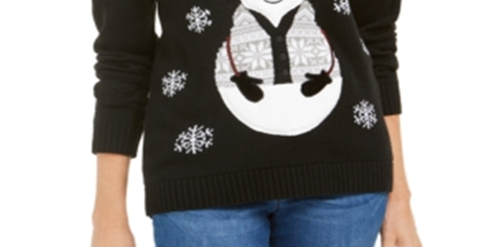Karen Scott Women's Sequined Snowman Holiday Sweater Black Size Medium