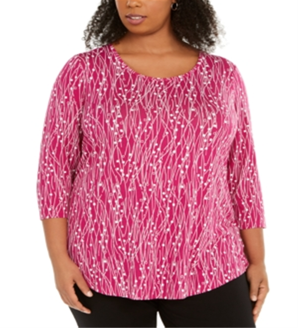 JM Collection Women's Plus Scoop Neck Printed Top Pink Size 0X