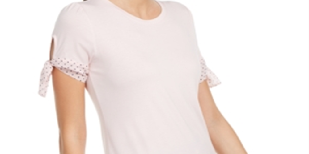 Maison Jules Women's Tie Slitted Short Sleeve Jewel Neck Sweater Pink Size Large
