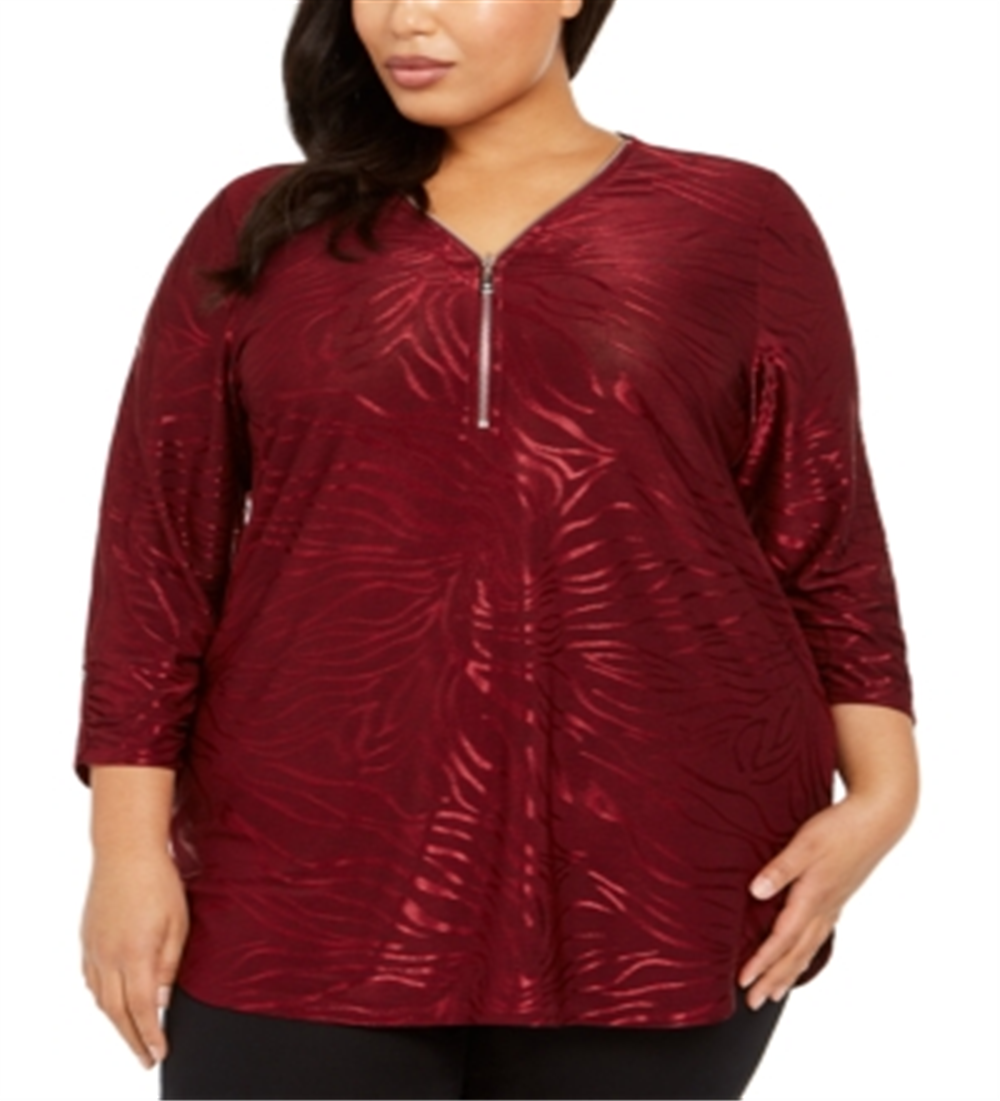 JM Collection Women's Plus Metallic Animal Print Zip Top Red Size 3X