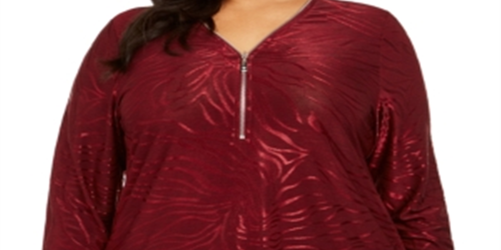 JM Collection Women's Plus Metallic Animal Print Zip Top Red Size 3X