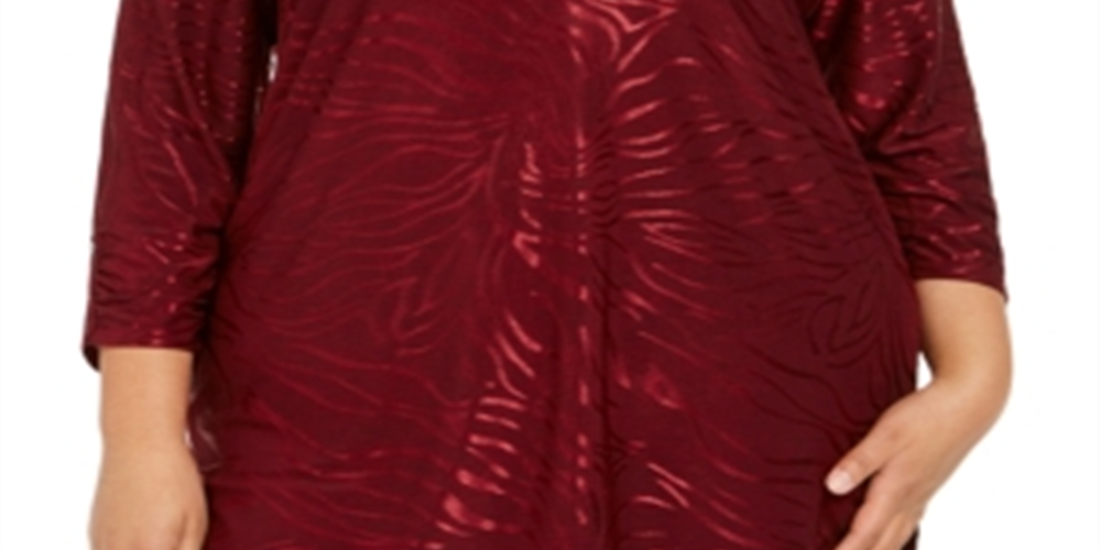 JM Collection Women's Plus Metallic Animal Print Zip Top Red Size 3X