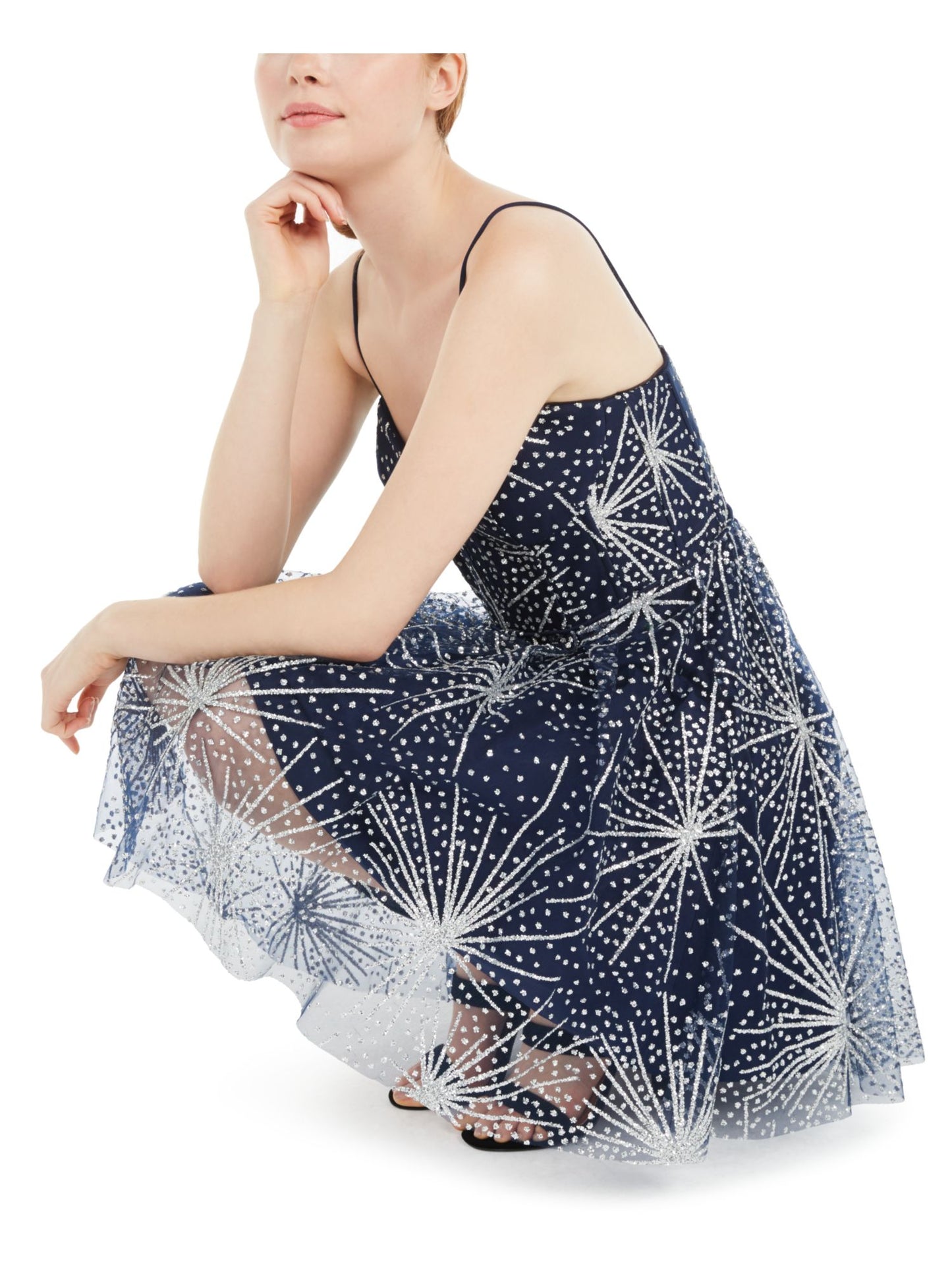 Blondie Nites Women's Sequined Zippered Spaghetti Strap Sweetheart Neckline Mini Party Fit Flare Dress Blue Size 5