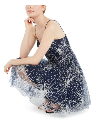 Blondie Nites Women's Sequined Zippered Spaghetti Strap Sweetheart Neckline Mini Party Fit Flare Dress Blue Size 5