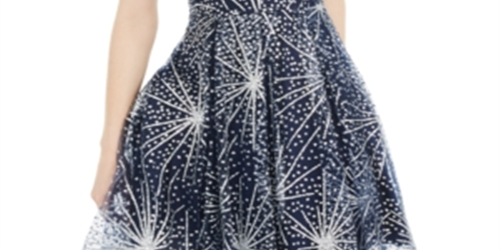 Blondie Nites Women's Sequined Zippered Spaghetti Strap Sweetheart Neckline Mini Party Fit Flare Dress Blue Size 5