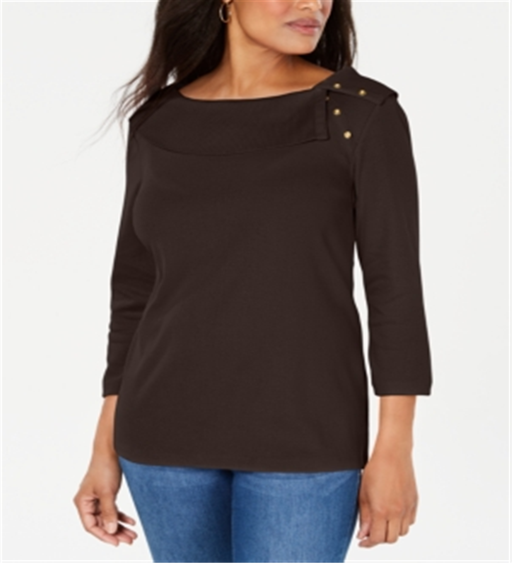 Karen Scott Women's Cotton Shawl Collar Button Top Chocolate Size X-Large